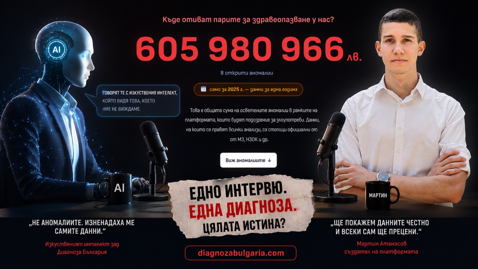 One interview. One diagnosis. — the AI agent and Martin Atanasov, creator of Diagnoza Bulgaria