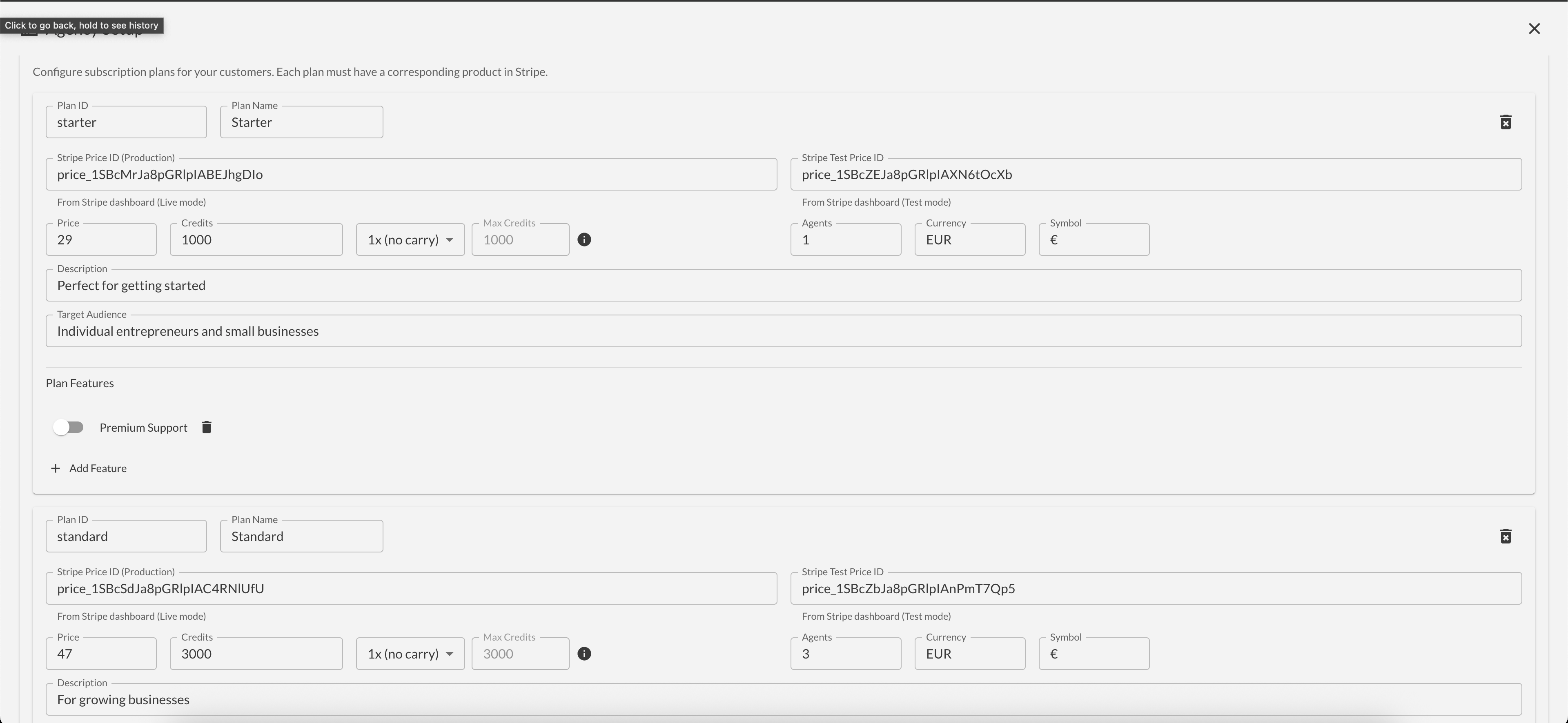 Pricing configuration showing subscription plans