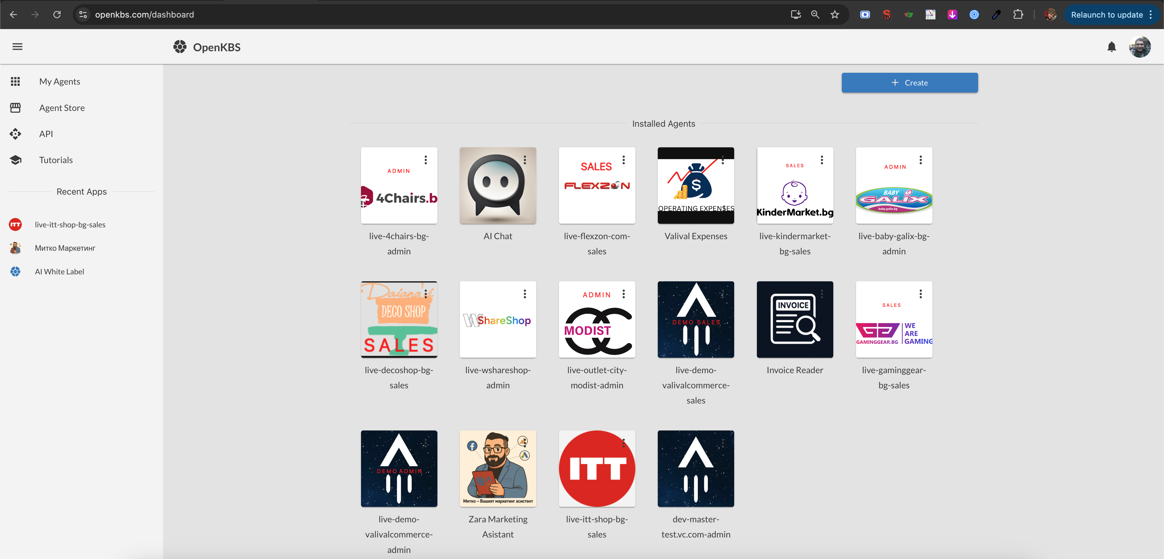 OpenKBS dashboard showing installed agents