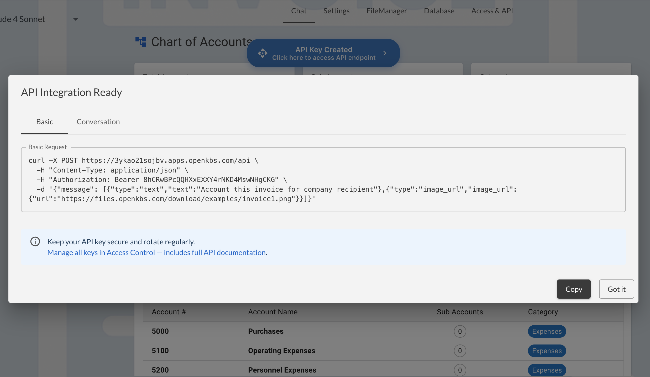 API Integration Dialog
