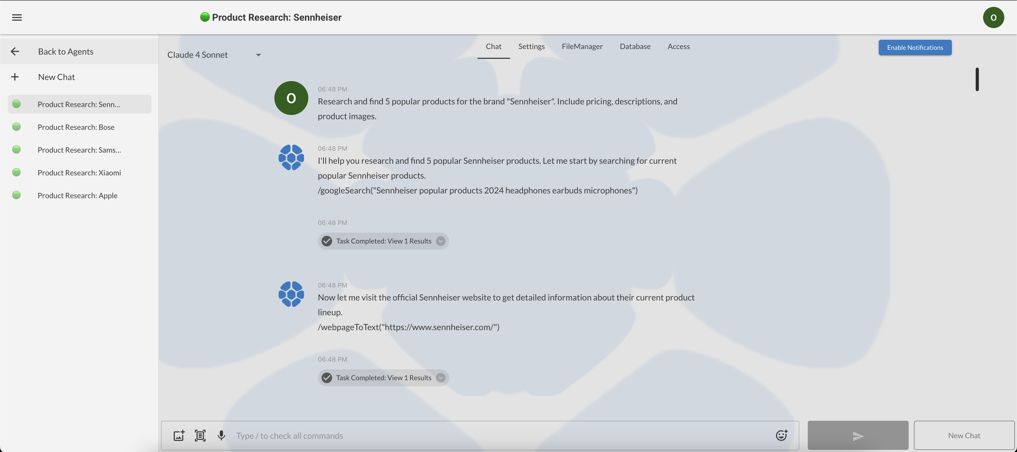 Agent Execution Logs - Real-time monitoring of agent operations in the Chat tab