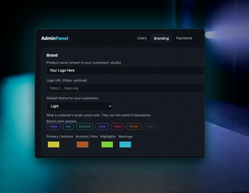 Branding customizer — set your logo, colors and platform name