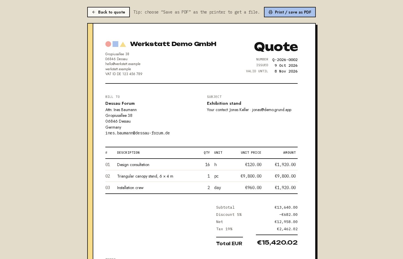 Printable quote, ready to save as PDF