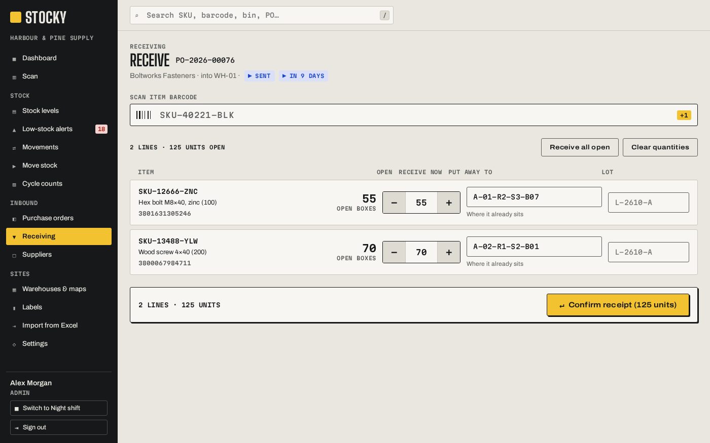 Receiving a purchase order into bins, with partial receipts and lots