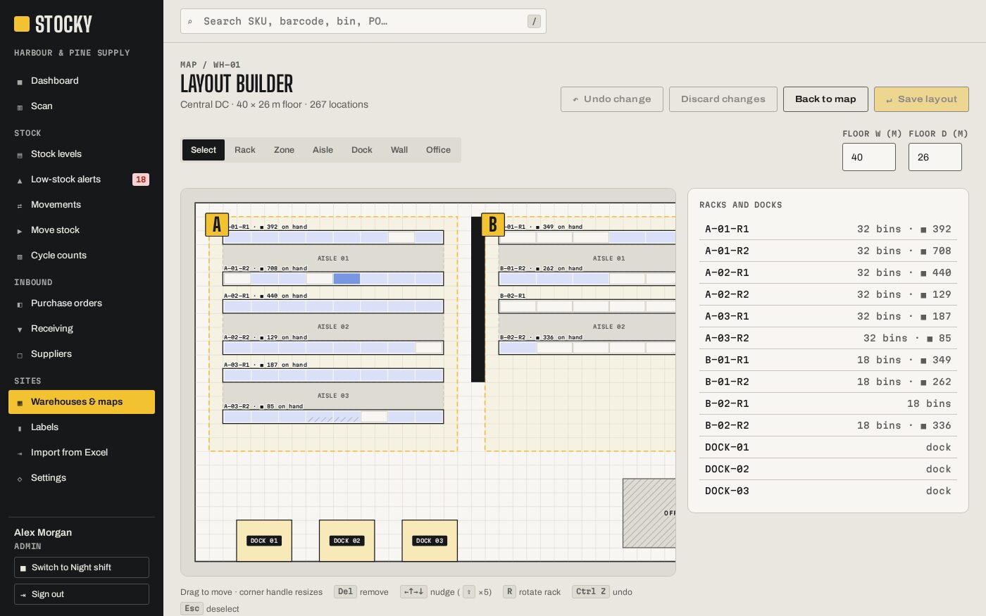 Map builder: draw racks, zones and docks, and the bins are created for you
