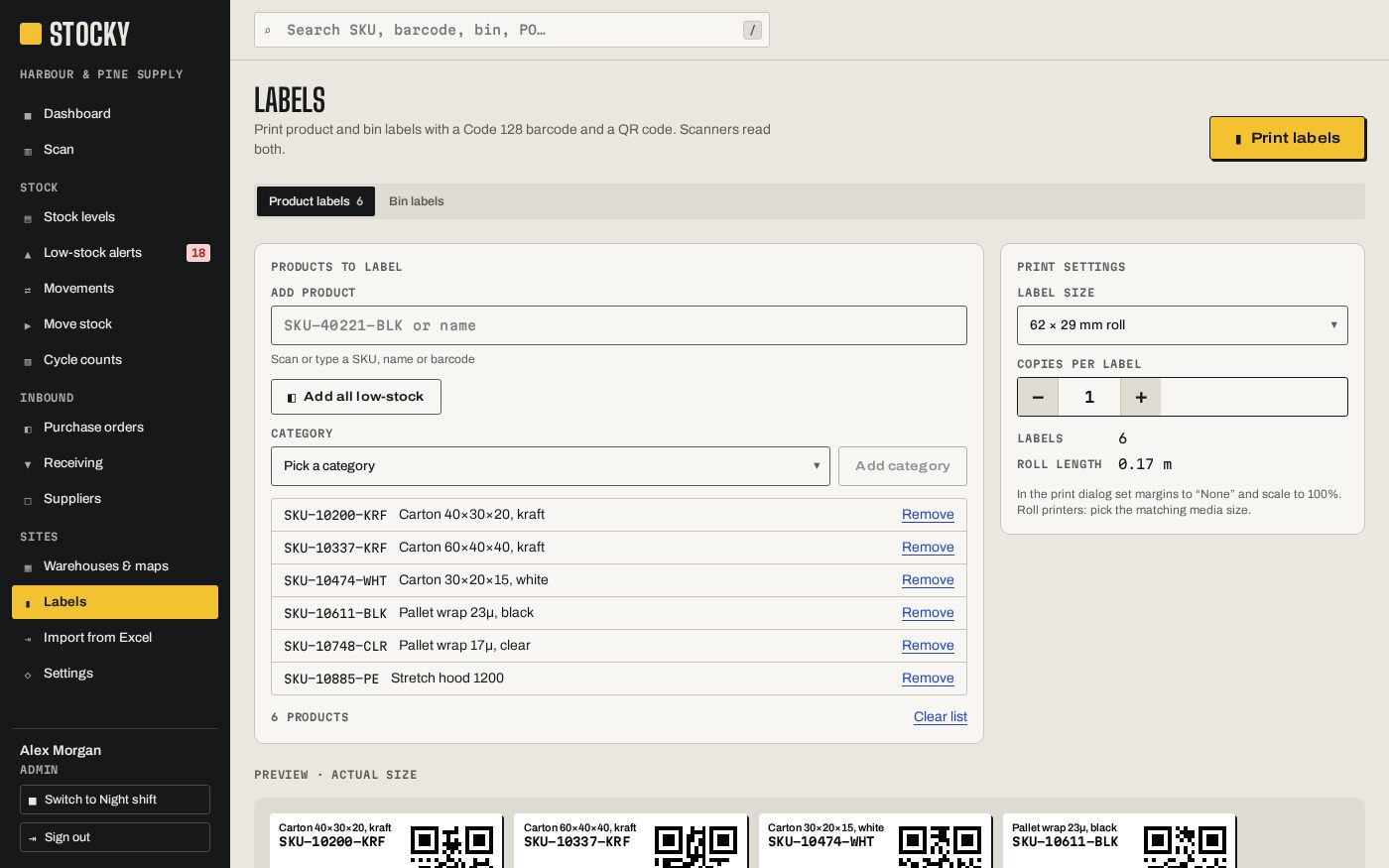 Printable product and bin labels with QR codes and barcodes